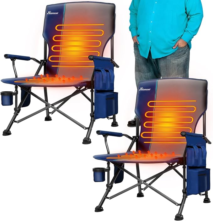 Romswi Heated Oversized Camping Chairs 2 Pack with Hard Armrest Chair,Heavy Duty Supports 500LBS,Folding Chairs with Side Pockets,Cup Holder for Outdoor,Garden,Fishing (Powerbank Not Included)
