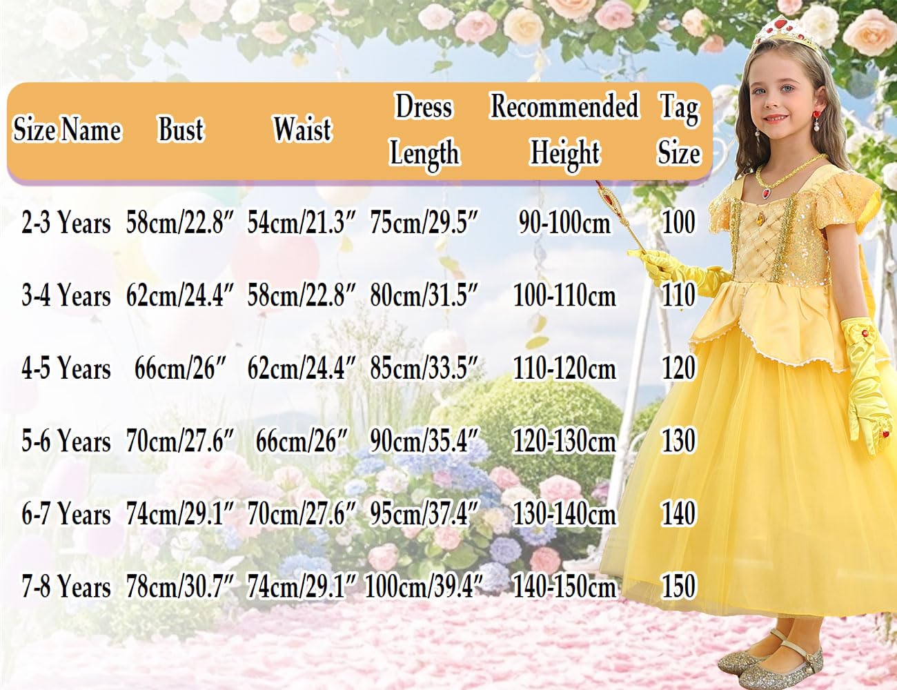 Luzlen Belle Costume for Girls Yellow Princess Dress up Halloween Birthday Party Cosplay Outfits with Accessories Yellow, 4-5T(Tag 120)