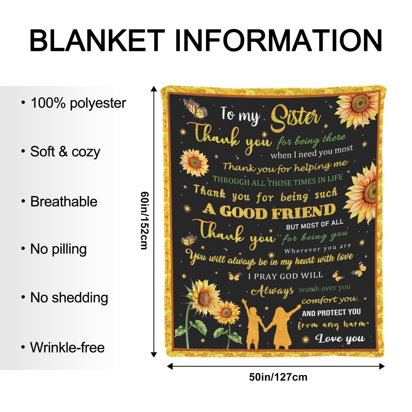 Sister Gifts from Sister, Birthday Gift for Sisters from Brother, to My Sisters Blanket for Christmas - Super Soft Flannel Sunflower Throw Blanket 60" x 50"