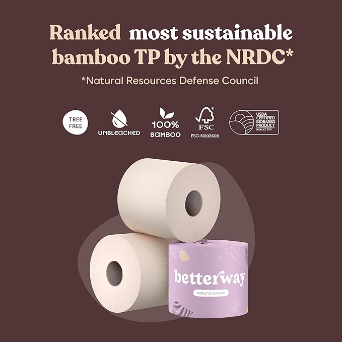 Betterway Unbleached Bamboo Toilet Paper Rolls - Eco-Friendly 3 Ply Toilet Tissue - 12 Long-Lasting Rolls - 360 Sheets/Roll - Organic, FSC Certified, Septic Safe TP - Lint-Free, PFAS-Free Bath Tissue
