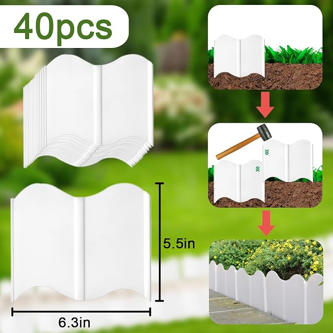 Orgrimmar 20 ft Garden Edging 40PCS Interlocking Landscaping Edging Kit, Plastic No-Dig Pound-in Garden Edge(20' Long x 5.3” Tall) - White