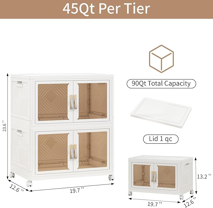 Large Clear Stackable Storage Bins with 2 Lids, Foldable Storage Cabinet for Closet Organizers and Storage, Plastic Storage Box with Wheels 270 QT