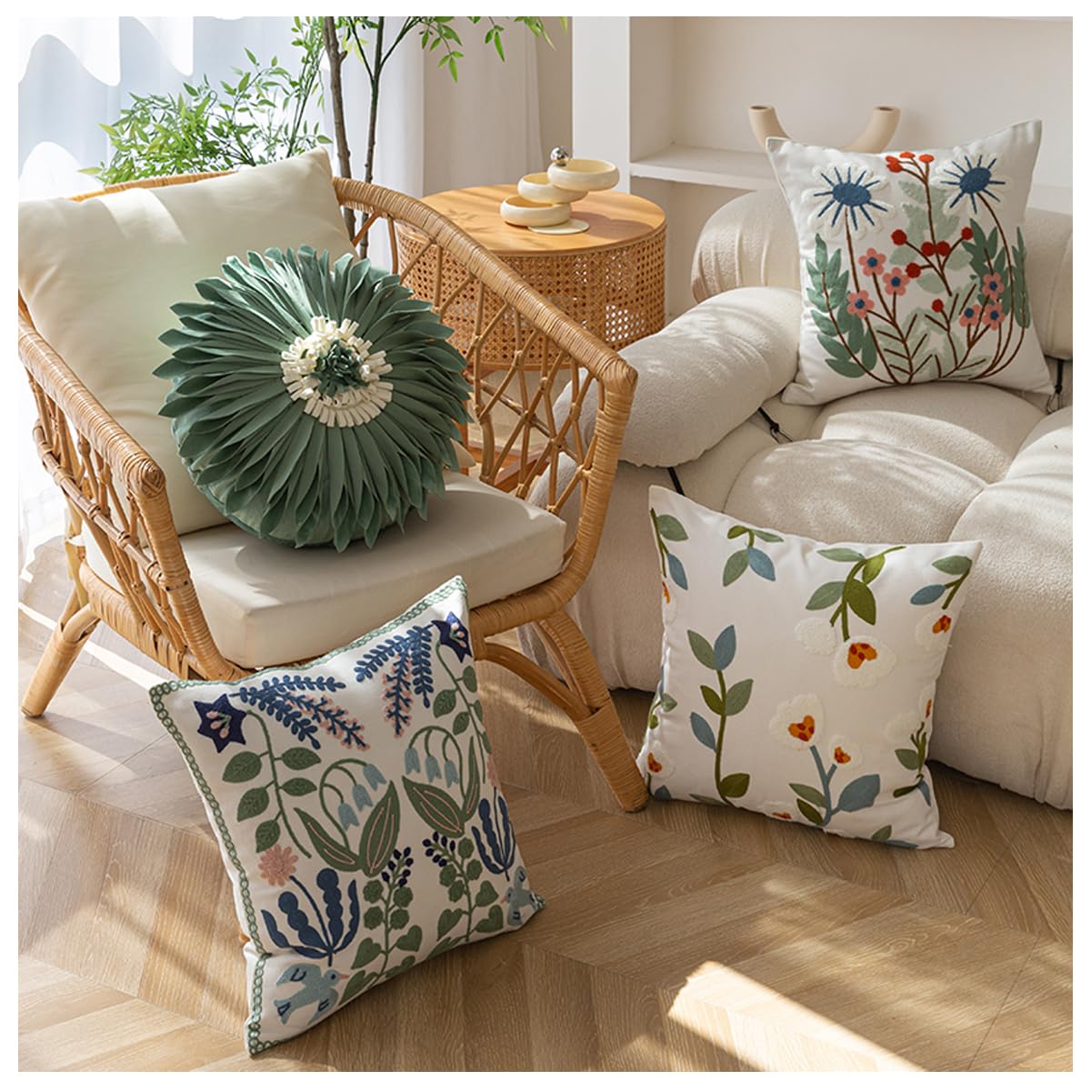 YIcabinet Pillow Covers Set of 2, Embroidered Branch Pattern Throw Pillow Cover,Square Cotton Cushion,Pillow Case for Sofa Bedroom Couch,18"x18"