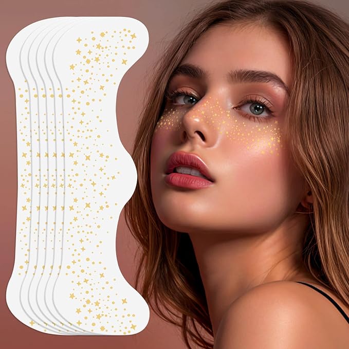 MEICOLY Gold Glitter Freckles Face Tattoo,St Patricks Day Face Glitter,Sparkle Freckles for Women Kids,Sparkle Makeup Patches,6Pcs