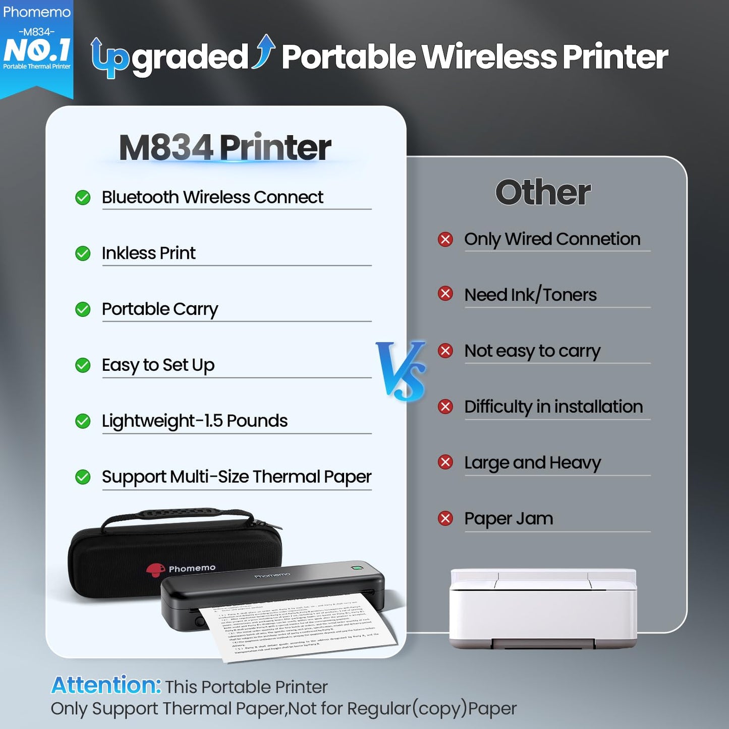 Phomemo Upgraded 300DPI Portable Printers Wireless for Travel, M834 Bluetooth Thermal Printer 8.5" x 11"& A4 Size,Inkless Mobile Printer with Carry Case for Travel,Office,School,Car,Home,Black