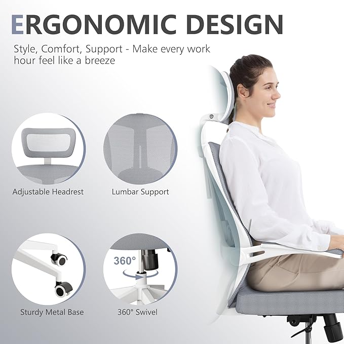 balmstar Office Chair,Ergonomic Comfy Home Desk Chair with 350LBS Capacity,High Back Gaming Chair with Wheels,Mesh Computer Chair,Lumbar Support, Adjustable Headrest,Flip-up Armrest