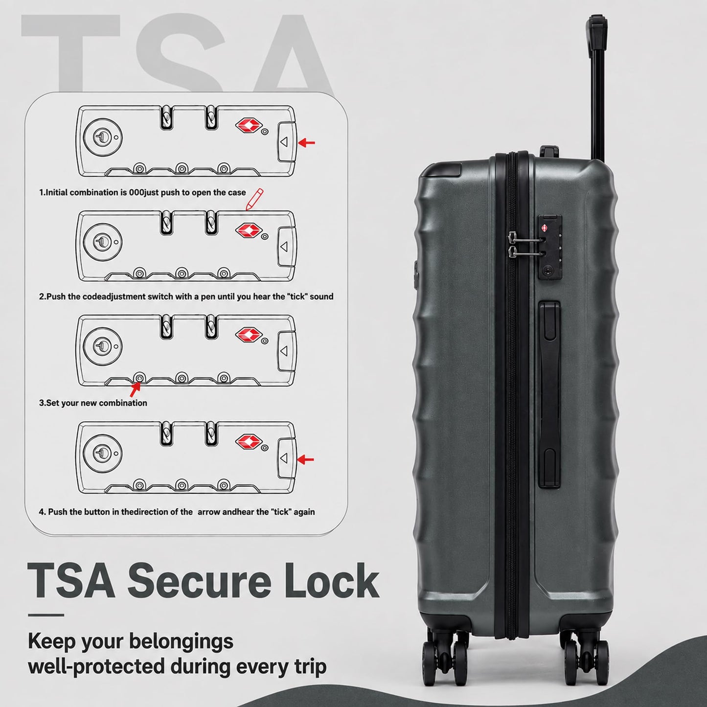 CONCEPTEN Luggage Sets, 5 Piece Durable Suitcase Set with Spinner Wheels, ABS Hard Shell Lightweight Luggage with TSA Lock, Large Checked Travel Suitcases, 20/24/28 Inch, Teal