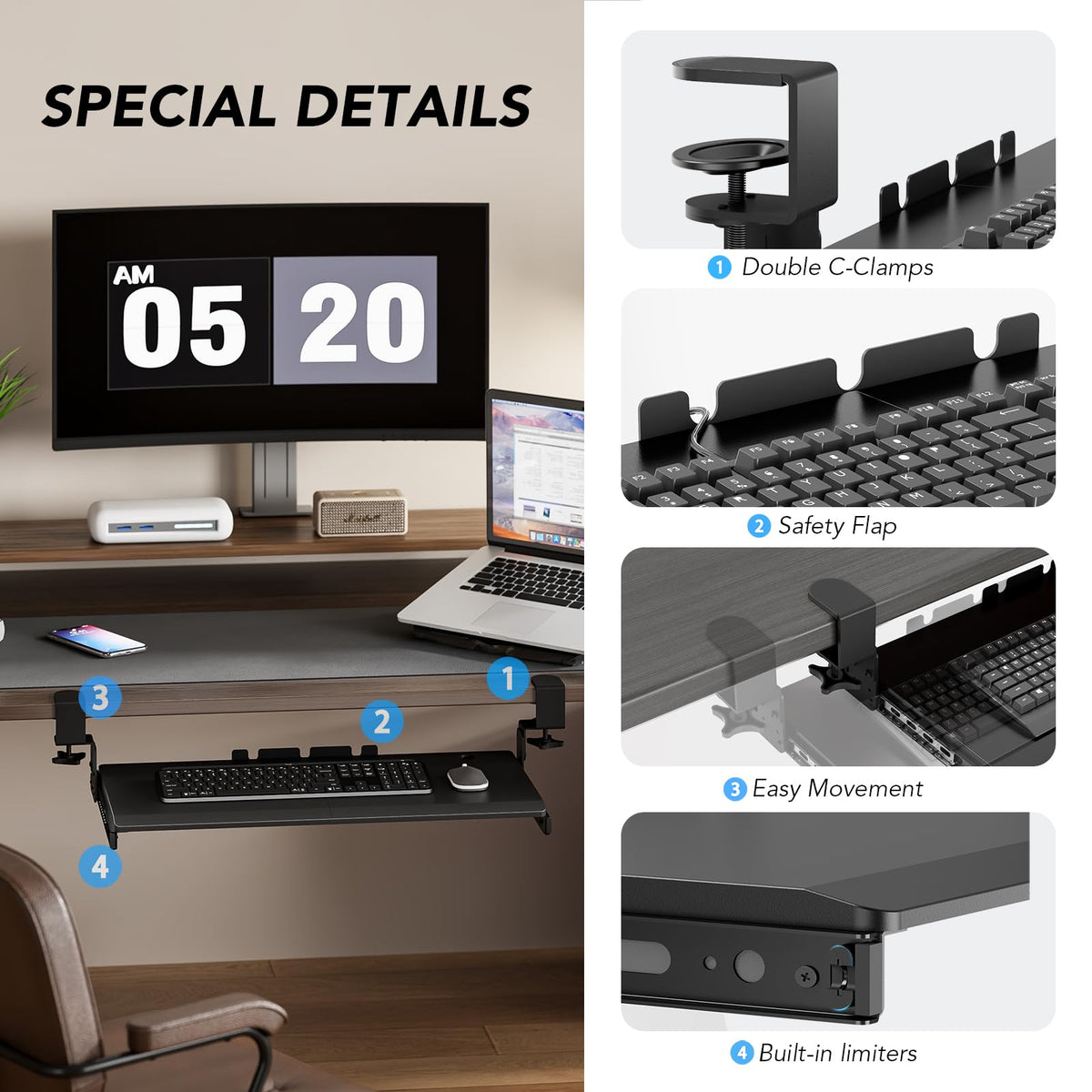 Keyboard Tray Under Desk Pull Out with Extra Sturdy C Clamp Mount System, 27.3 (32.5 inch Including Clamps) x 11 Inch Slide-Out Platform Computer Drawer for Typing Black AX01WB01