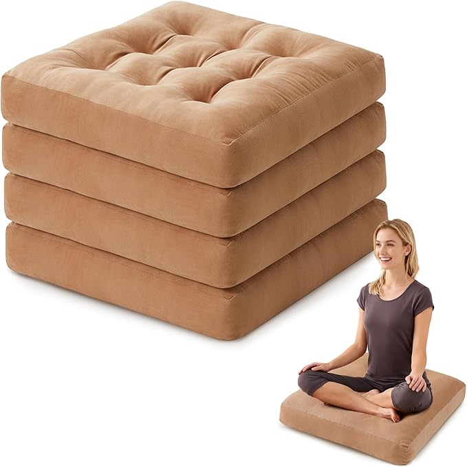 SM-XLHN Meditation Floor Pillow Set of 4, Square Large Pillows Seating for Adults, Meditation Cushion Pillow,Tufted Corduroy Cushion for Tatami Living Room or Yoga, Coffee, 22x22 Inch