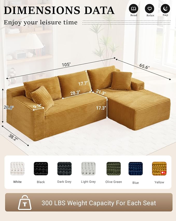 105 Inch Modular Sectional Sofa,Modern Cloud Sectional Couch with Deep Seat,Corduroy Boneless Couches with L-Shape Chaise for Living Room Bedroom,No Assembly Required (Yellow, Right Facing Chaise)