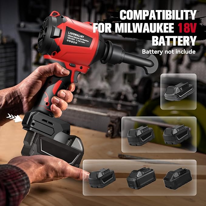 LIVOWALNY Cordless Air Pump Dust Blower Compatible with Milwaukee 18V Battery, Brushless Air Duster Compressed Air Mattress Pump w/ 3 Speeds & 7 Nozzles & 447 MPH/39 CFM for Workshop Cleaning