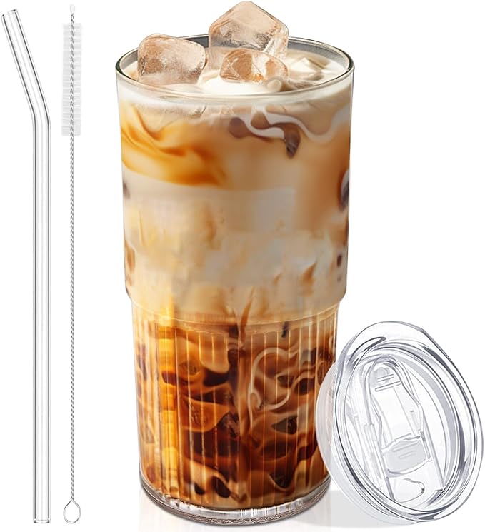 Luiaiog 18.5oz Glass Cups with Lids and Straws – Single Reusable Tumbler, Thickened Shatter-Resistant Glass, Ideal for Ice...