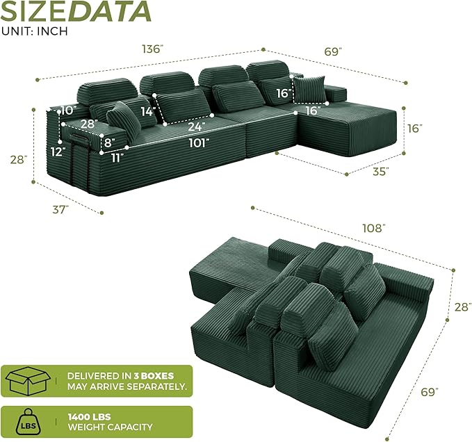 136" L-Shaped Cloud Modular Sectional Sofa with Chaise & Headrest, Boneless Deep Seat Plush Corduroy Couches for Large Living Room, No Assembly Required (Green, 136" L-shapred Chaise)
