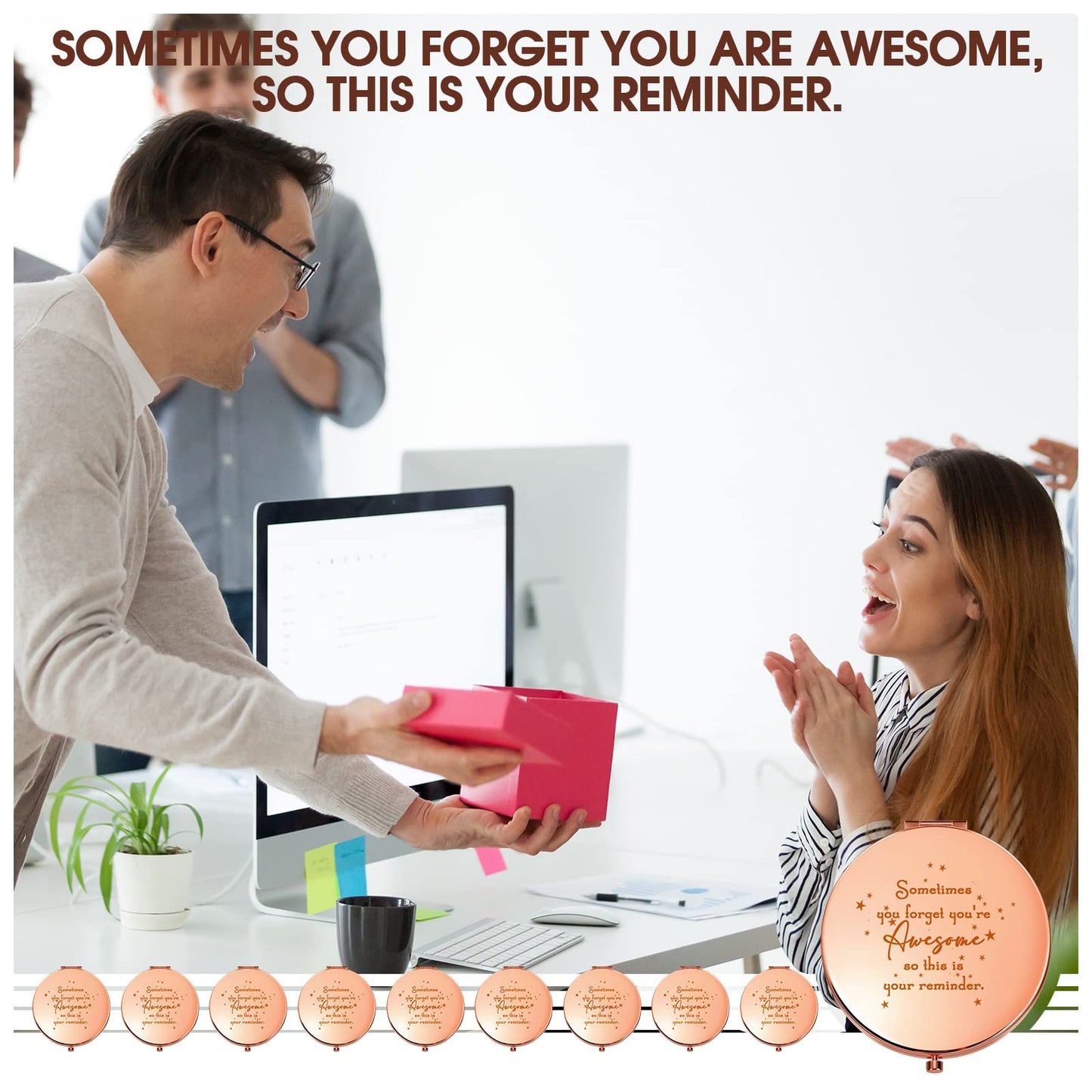 Roowest 10 Pcs Inspirational Compact Mirror Sometimes You Forget You're Awesome Appreciation Gifts for Women Group Employee Coworker Housekeeping Thank You Favors Magnifying Pocket Mirror (Rose Gold)