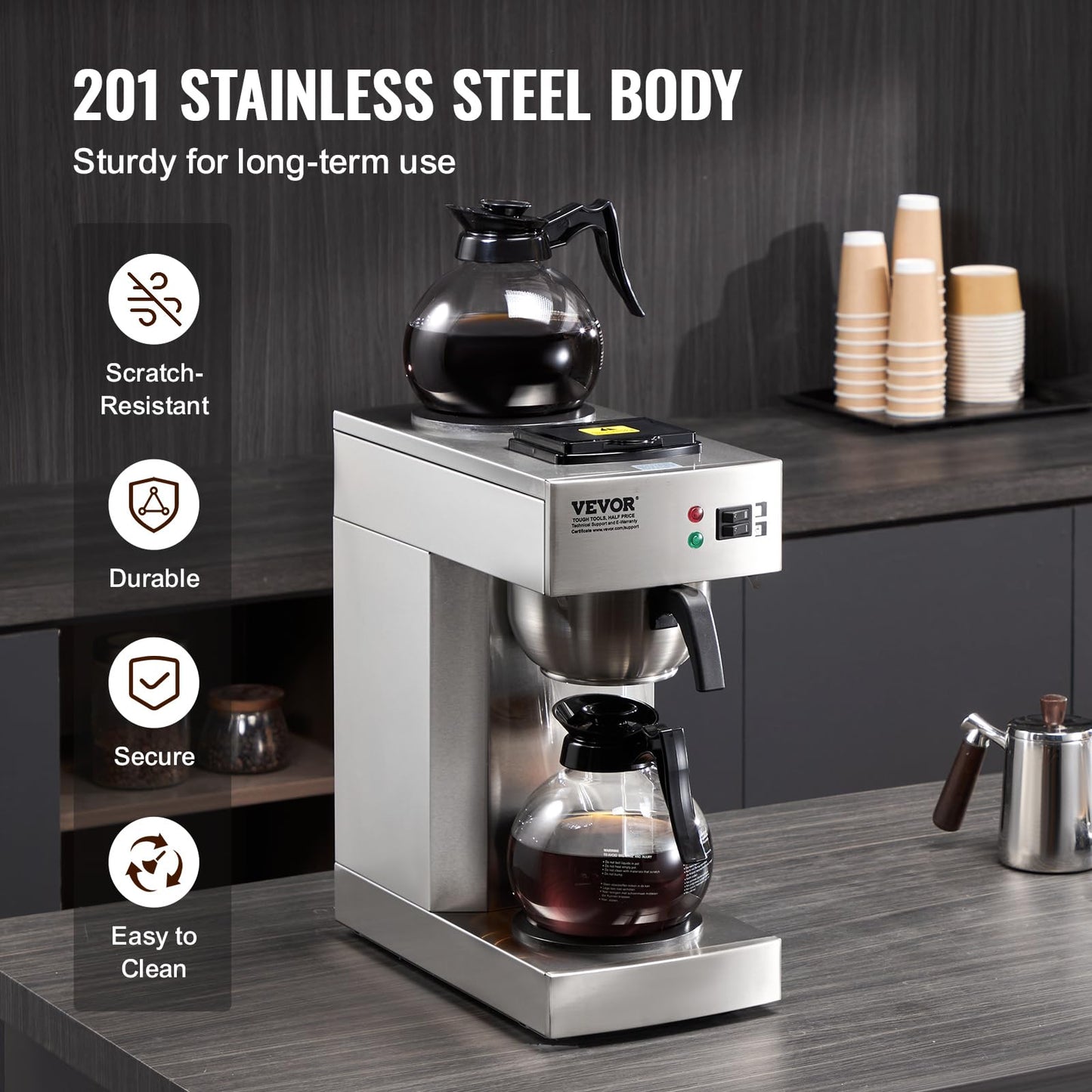 VEVOR 12 Cups Commercial Drip Coffee Maker, Coffee Maker Machine with 2 Glass Carafes and 2 Warmer Plates, Stainless Steel Pour Over Coffee Brewer for Restaurant, Office, Cafe
