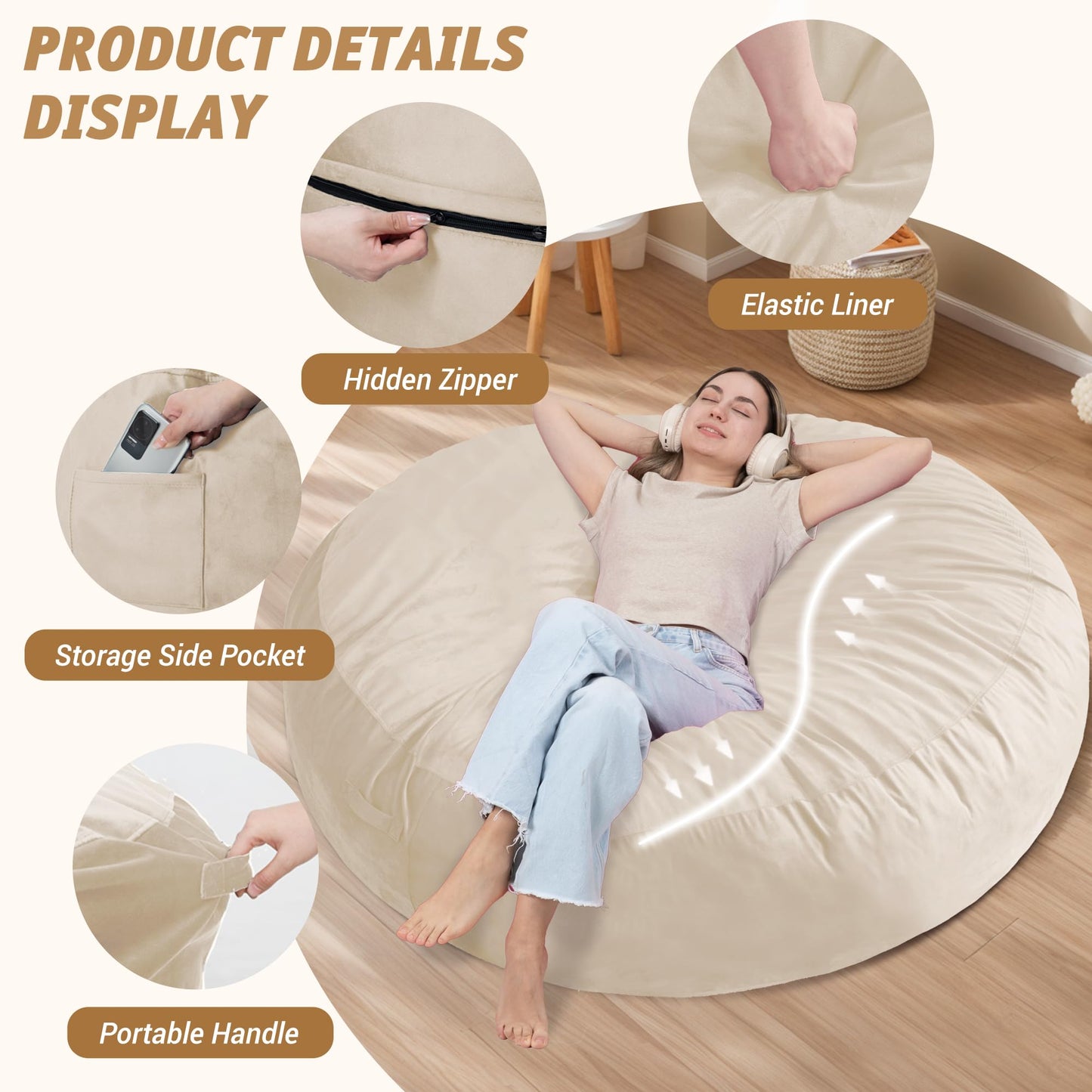 lilanoon Bean Bag Chair 7FT with Ultra Soft Velvet Cover Memory Foam Bean Bag Large Size Lazy Sofa for Living Room Beige 7FT