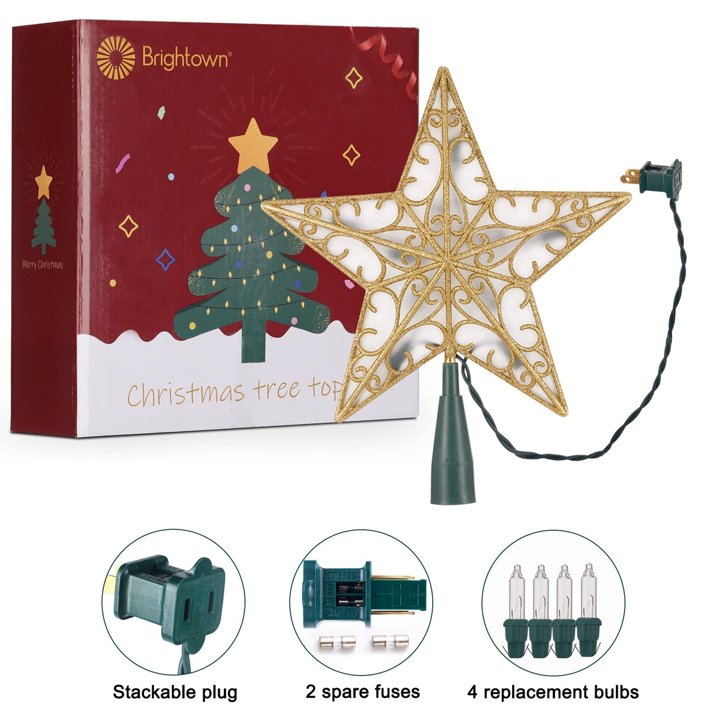Christmas Star Tree Topper, 9.5 in Plug in Golden Glittered 3D Star Tree Topper, Metal Hollow Designed Built-in 10 Bulbs String Lights for Indoor Office Christmas New Year Holiday Tree Decoration