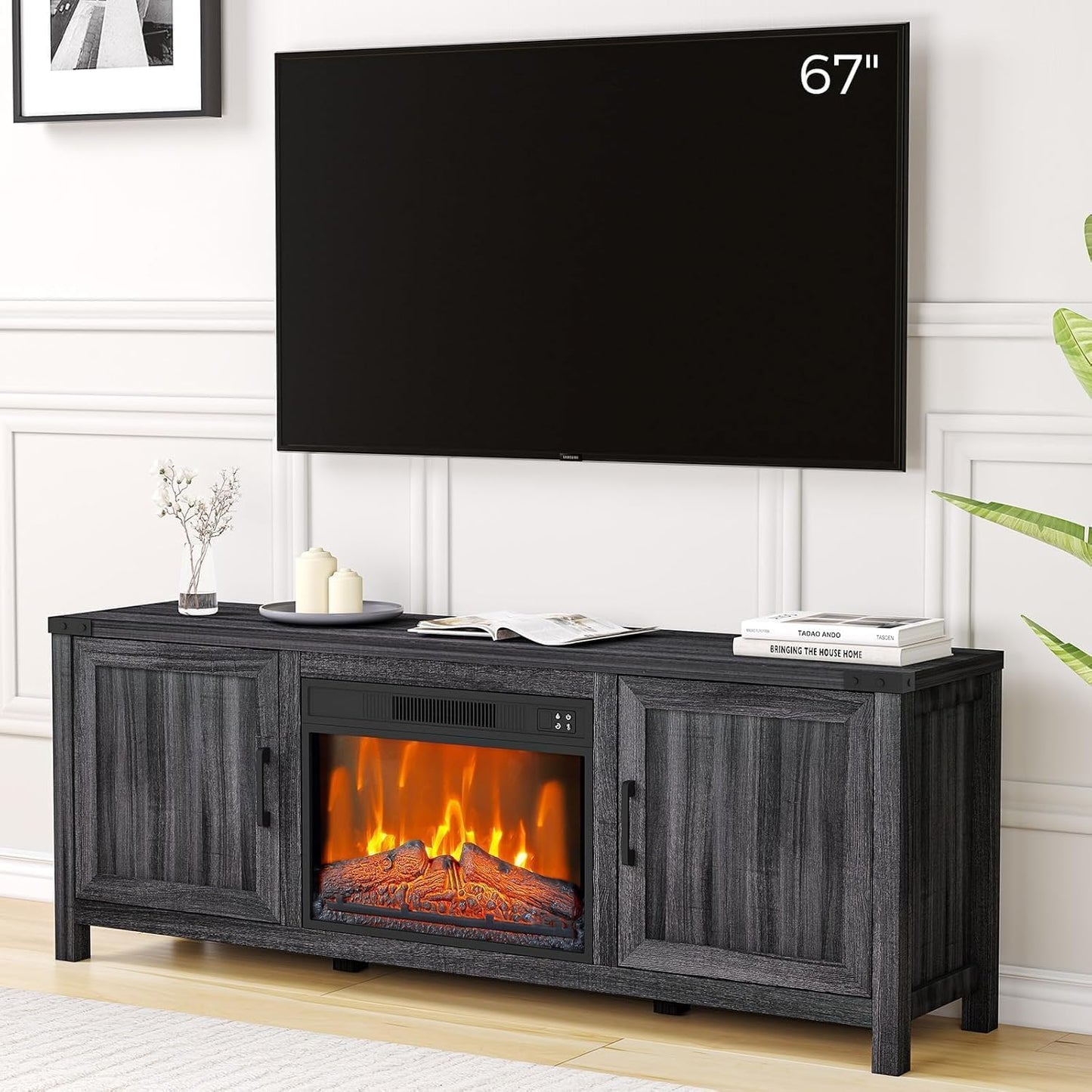 65 Inch TV Stand with Electric Fireplace, Entertainment Center with 23” Fireplace Insert, Remote Control, Adjustable Storage, Cable Management, Media Console for Living Room, Home Theater Furniture