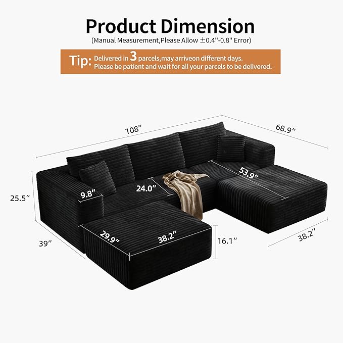 Fancyfire 108" Cloud Modular Sectional Couch with 2 Ottoman,Ultimate Comfort U-Shaped Deep Seat Sofa,Boneless Couch Upholstered 3-Seater Sofas for Living Room, No Assembly Required(Black)