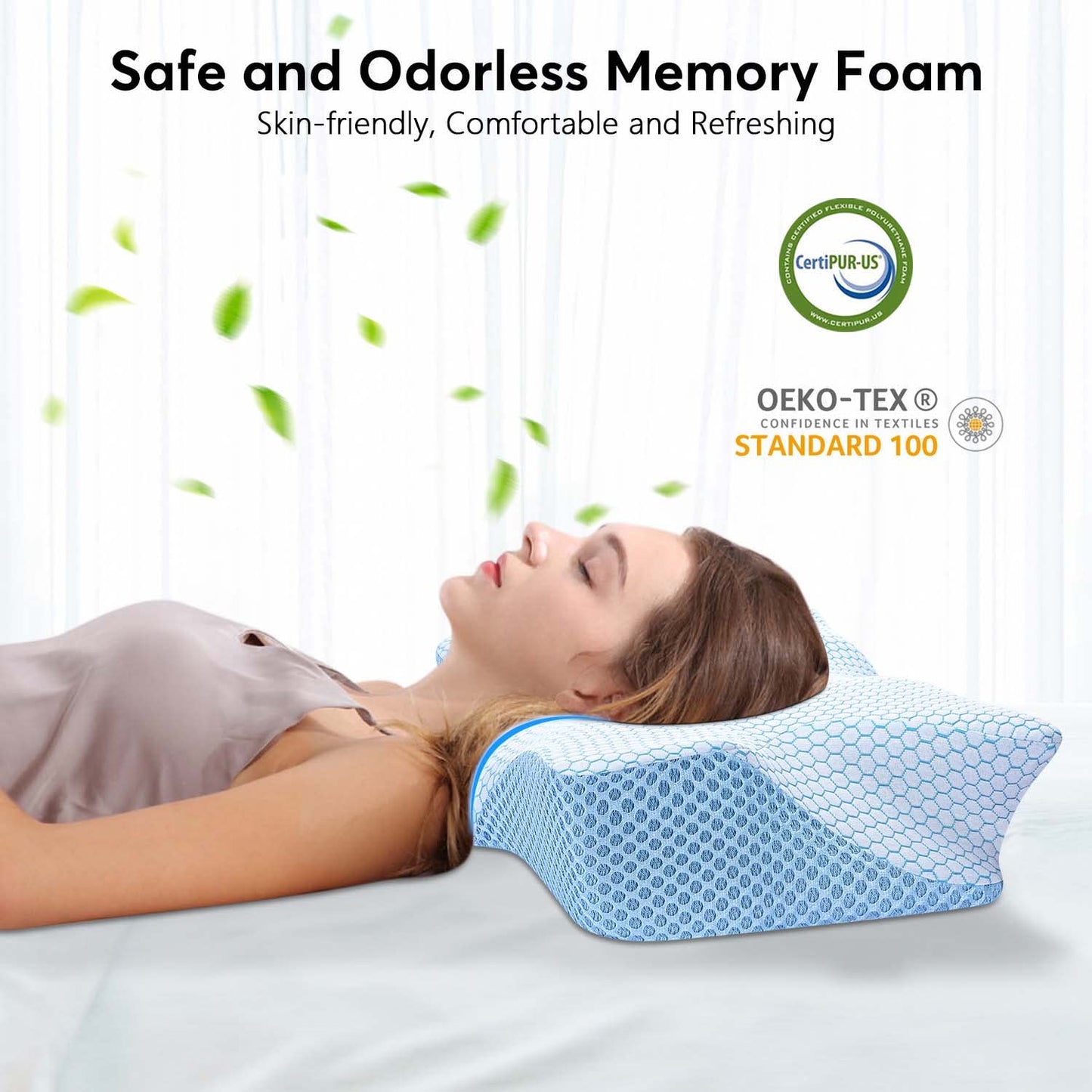 Anvo Cervical Neck Pillow for Neck and Shoulder Pain - Memory Foam Pillows for Pain Relief Sleeping, Contour Orthopedic for Side Back Stomach Sleeper, Blue Firm
