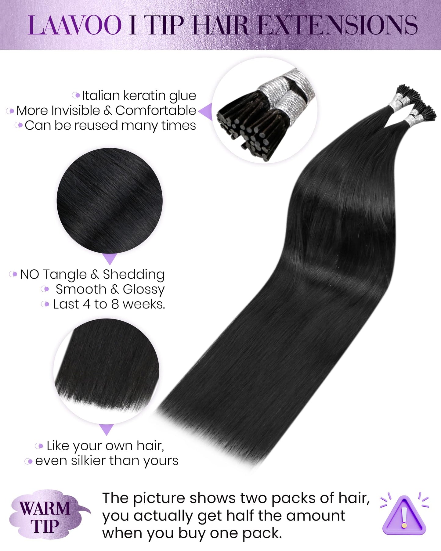 LaaVoo I Tip Hair Extensions Human Hair Black Long I Tips Hair Extensions Real Human Hair 50s 50g 26 Inch