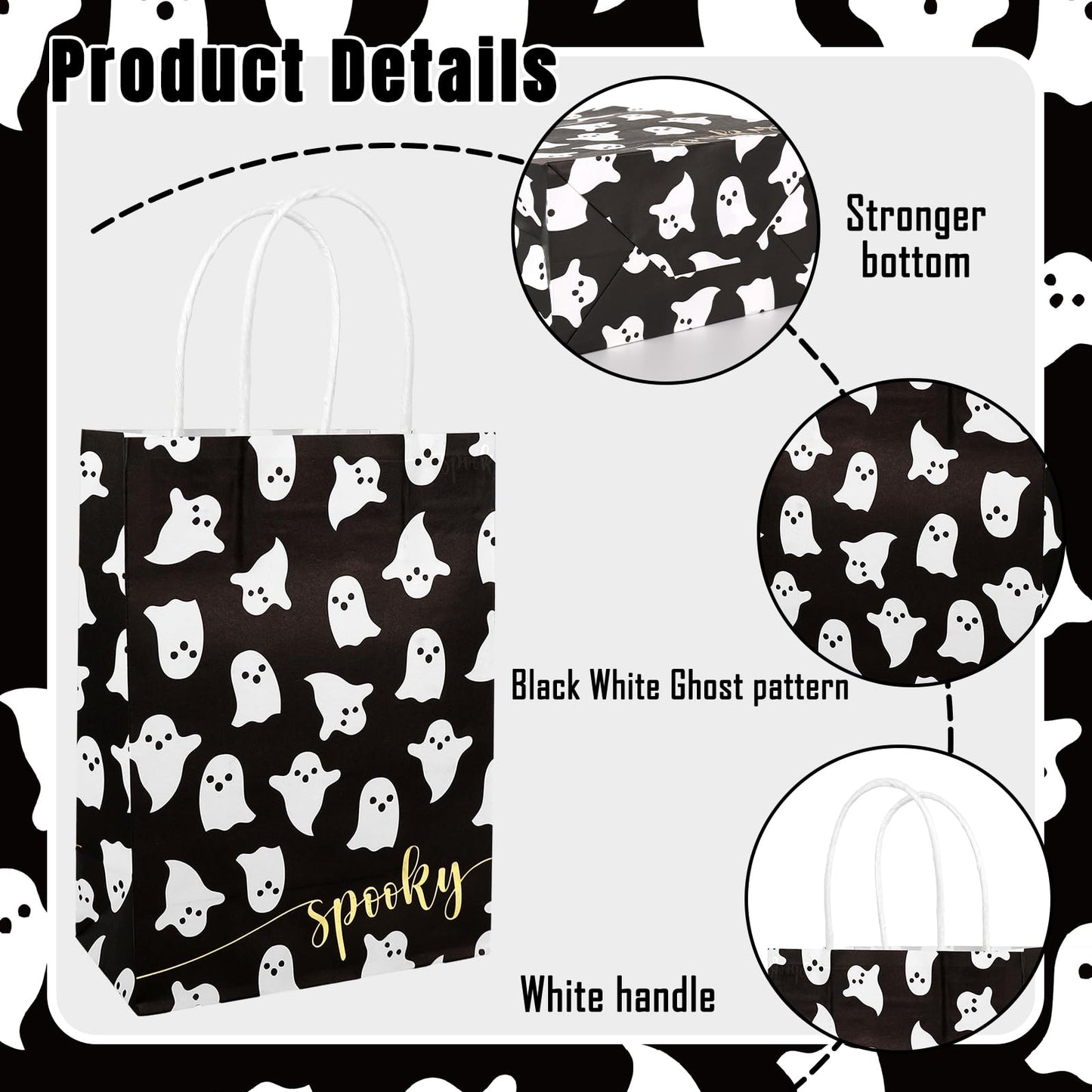 JarThenaAMCS 24Pcs Halloween Paper Gift Bags With Handles - Black White Ghost Party Favor Candy Goodie Treat Bag for Holiday Birthday Party Supplies