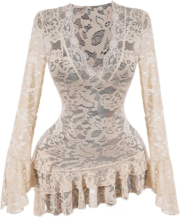 Milumia Women's Lace Ruffle Layer Sheer Mini Dress Deep V Neck Long Sleeve Short Dresses