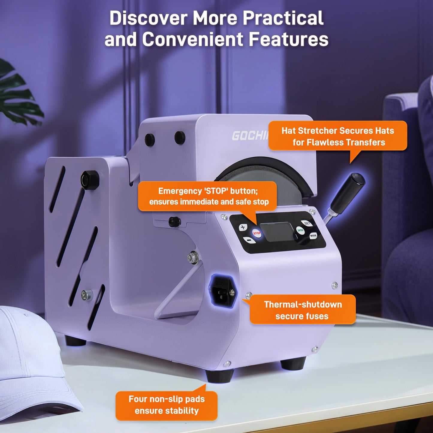 GOCHIFIX Auto Hat Heat Press Machine, Automatic Open/Release, 4 Memory Modes, Precise Temp/Timer Control, 6.54"x3.84"Curved Heat Plate, Hat Stretcher, for Caps, Sublimation, Vinyl, Heat Transfer