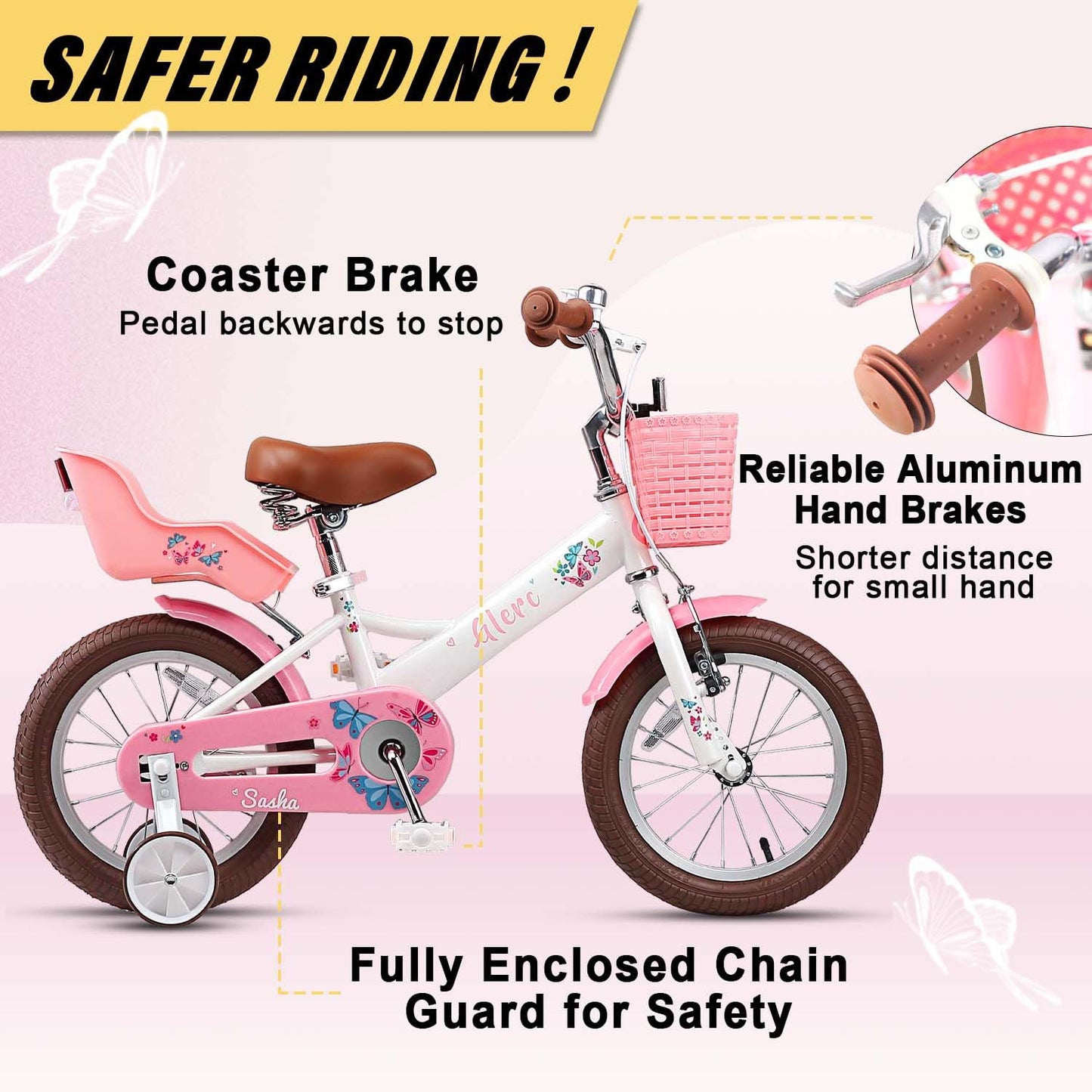 Glerc Sasha Girls Bike, 12 Inch Kids Bicycle for Ages 2-4 Years Old Children, Retro Vintage Style Toddler Bicycle with Doll Bike Seat and Basket, White