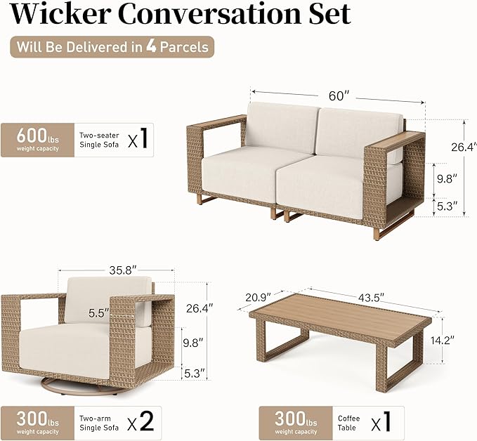 5 Pieces Patio Furniture Set,Outdoor Wicker Conversation Set with Swivel Chairs,All Weather Patio Conversation Set for Lawn Garden Backyard,Beige