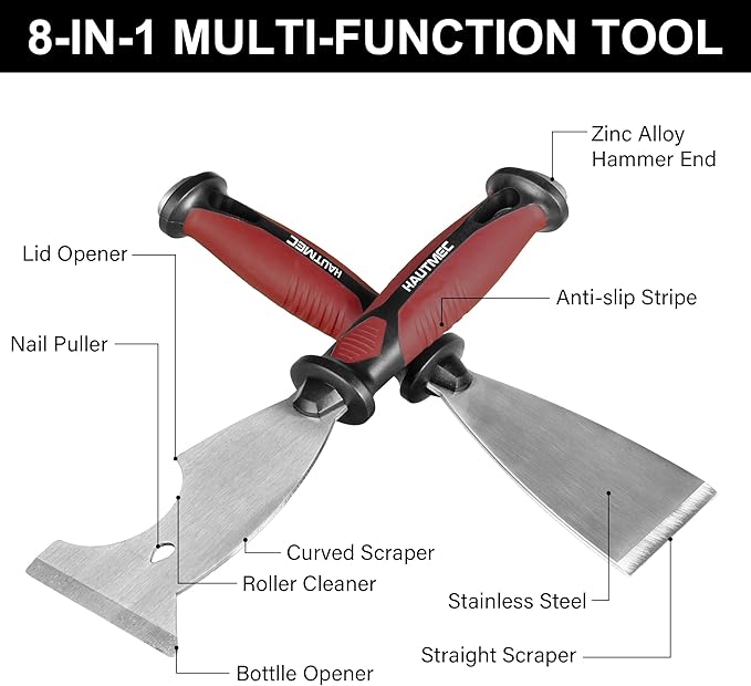 HAUTMEC Putty Knife 4 PC Set, 1.25",2",3" Paint Scraper & 3" 8-in-1 Paint Stripper, Heavy Duty Stainless Steel Blade and Hammer End for Removing Wallpaper, Plaster, Cement 25060
