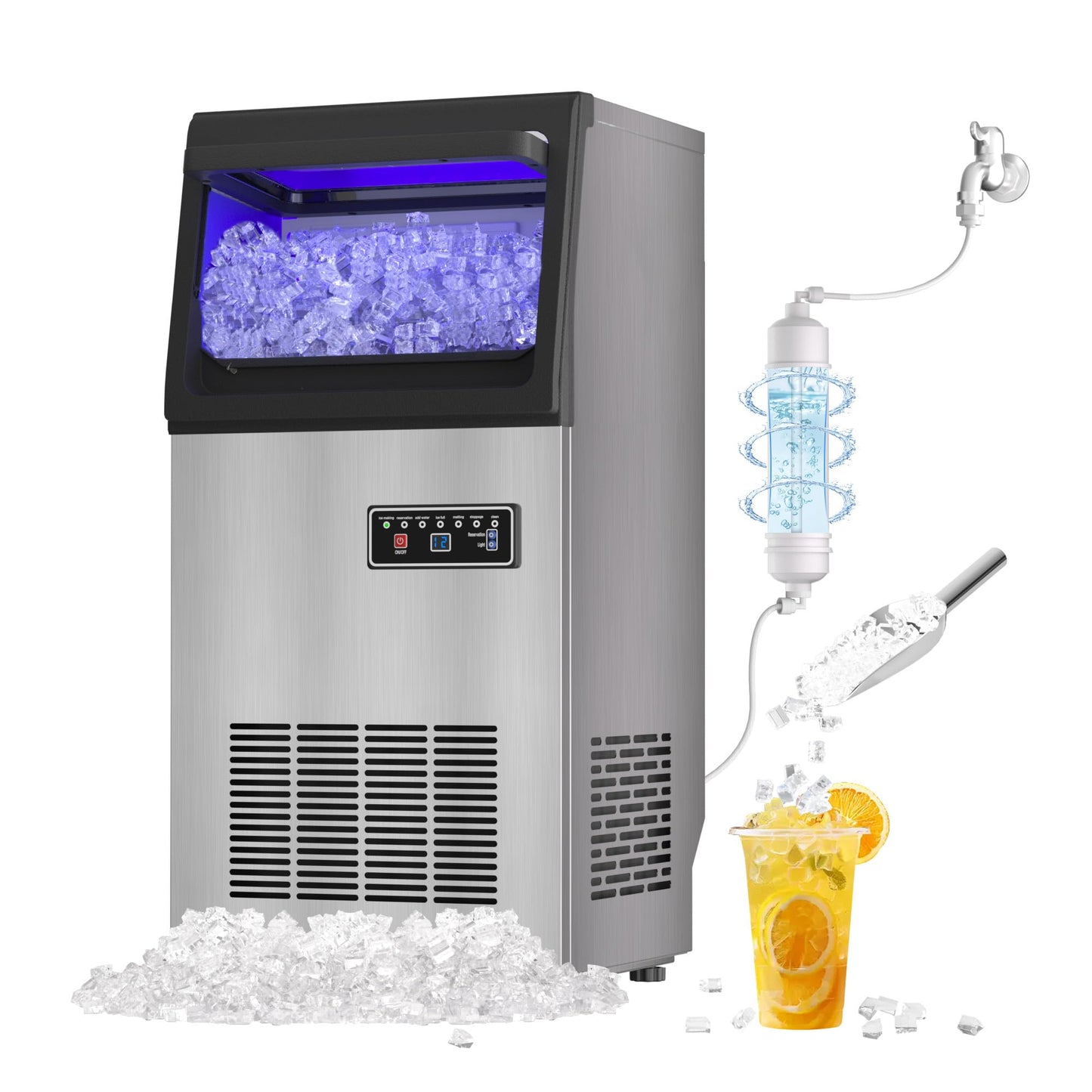 Commercial Nugget Ice Maker 80Lbs/24H with 20Lbs Storage, Stainless Steel Pellet Ice Machine, Ready in 10-15 Mins, Self-Cleaning for Office & Home Restaurants Bars