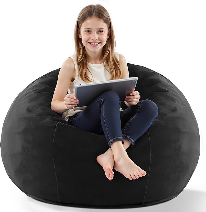 HABUTWAY 2FT Bean Bag Chair, 2' Beanbags Small Bean Bag Chairs with Filling, Teardrop Bean Bag Chair Luxurious Velvet Ultra Soft Fur with Removable Cover (Black)