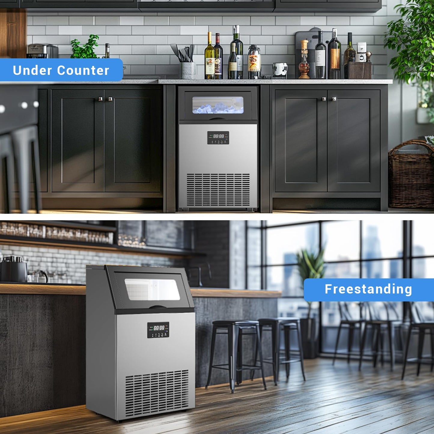 Ice Maker Commercial, 150lbs/Day Under Counter Ice Machine with 50 Lbs Storage Bin, 45 Ice Cubes in 8-15 Mins Free Standing Ice Maker for Home/Bar/Restaurant/Outdoor