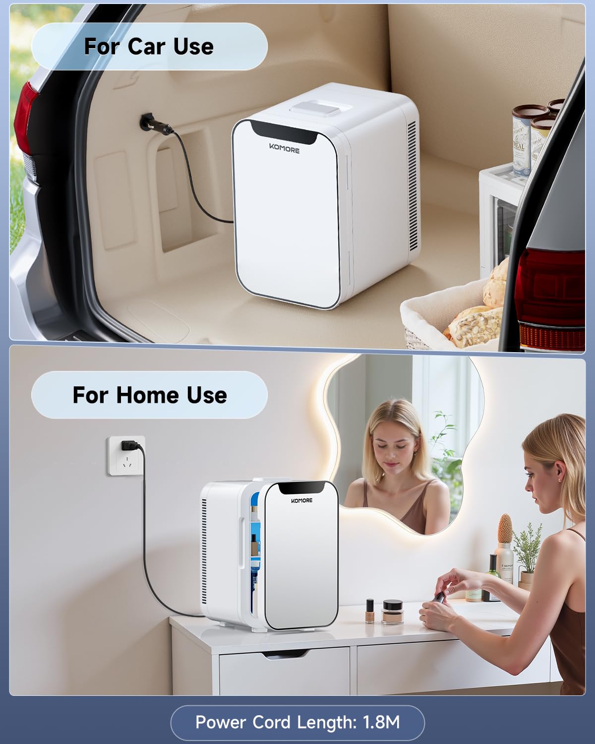 KOMORE Small Mini Fridge, 18L Portable Tiny Fridge for Skincare, 120V/12V Makeup Refrigerator Mini, Thermoelectric Cooler & Warmer for Drinks, Food, Cosmetics for Office/Dorm/Car/Travel, White