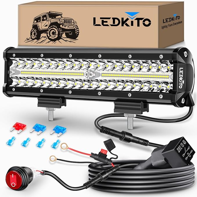 LEDKITO 12 Inch LED Light Bar Kit with Wiring Harness Triple Row Spot Flood Combo LED Off Road Driving Lights Bar Work Lig...