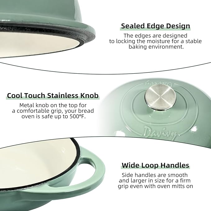 Davivy 6QT Oval Cast Iron Bread Oven with Domed Lid, Dutch Oven for Sourdough Bread, 6QT Bread Cloche Dutch Oven Sourdough Baking Pan with Lid - Sea Salt Green