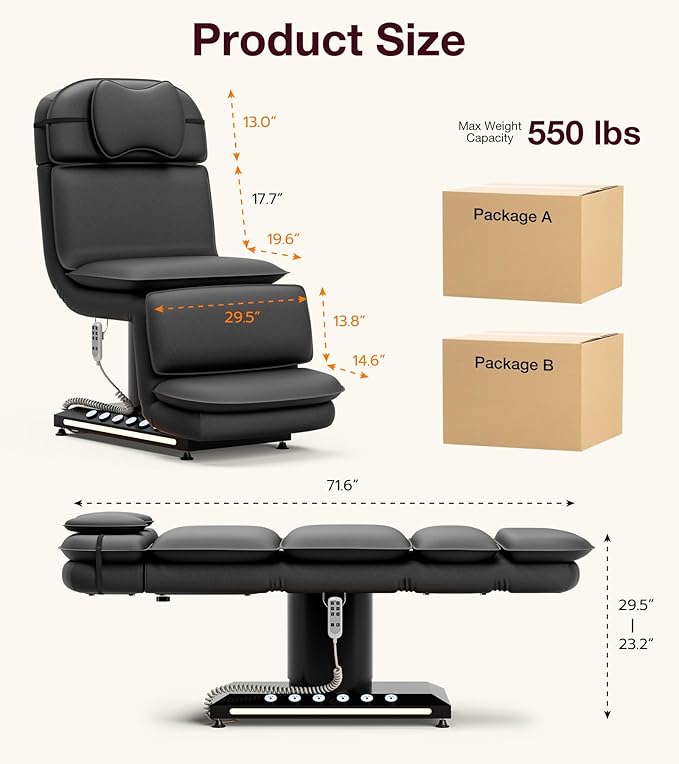 VARONXE Fully Electric Massage Table w/3 Motors, Professional Angle and Height Adjustable Spa Bed Facial Chair, Motorized Esthetician Bed Treatment Table for Beauty Salon, Stool Included, Black