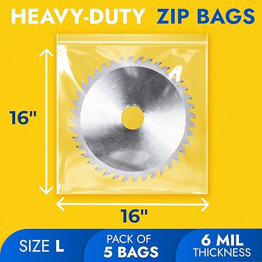 16" x 16" Large Zip Seal Lock Bags, 6 Mil (Pack of 5) – Heavy-Duty Reclosable Plastic Bags – Clear, Resealable, Waterproof – For Storing and Organizing Clothes, Jewelry, and Travel Items