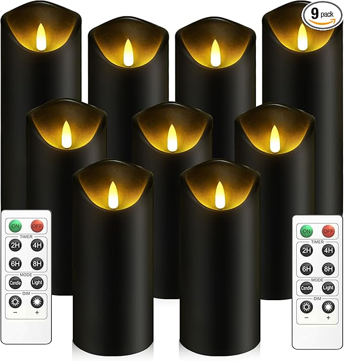 kakoya Flickering Flameless Candles, Battery Operated Plastic LED Pillar Candles with Remote Control and Timer, Set of 9 (...