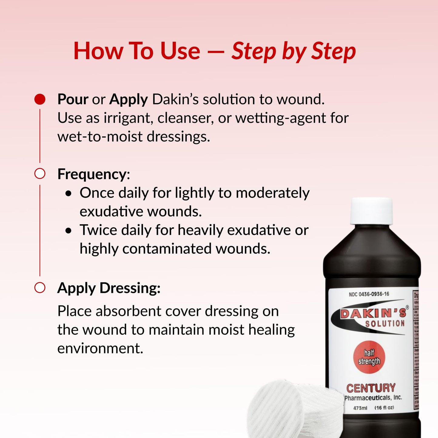 Dakin's Solution Half-Strength 0.25% Sodium Hypochlorite Wound Cleanser for Acute and Chronic Wounds, Antimicrobial No-Rinse Formula, Gentle on Skin, Safe for Home or Clinical Use, 16 oz