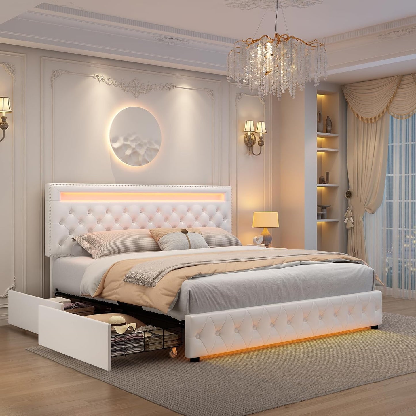 GEGOFORU Queen LED Bed Frame with 4 Storage Drawers, Adjustable LED Headboard, Remote & App Control Lights, Plush Upholstered Platform with Silver Nailhead Trim, No Box Spring Needed - White