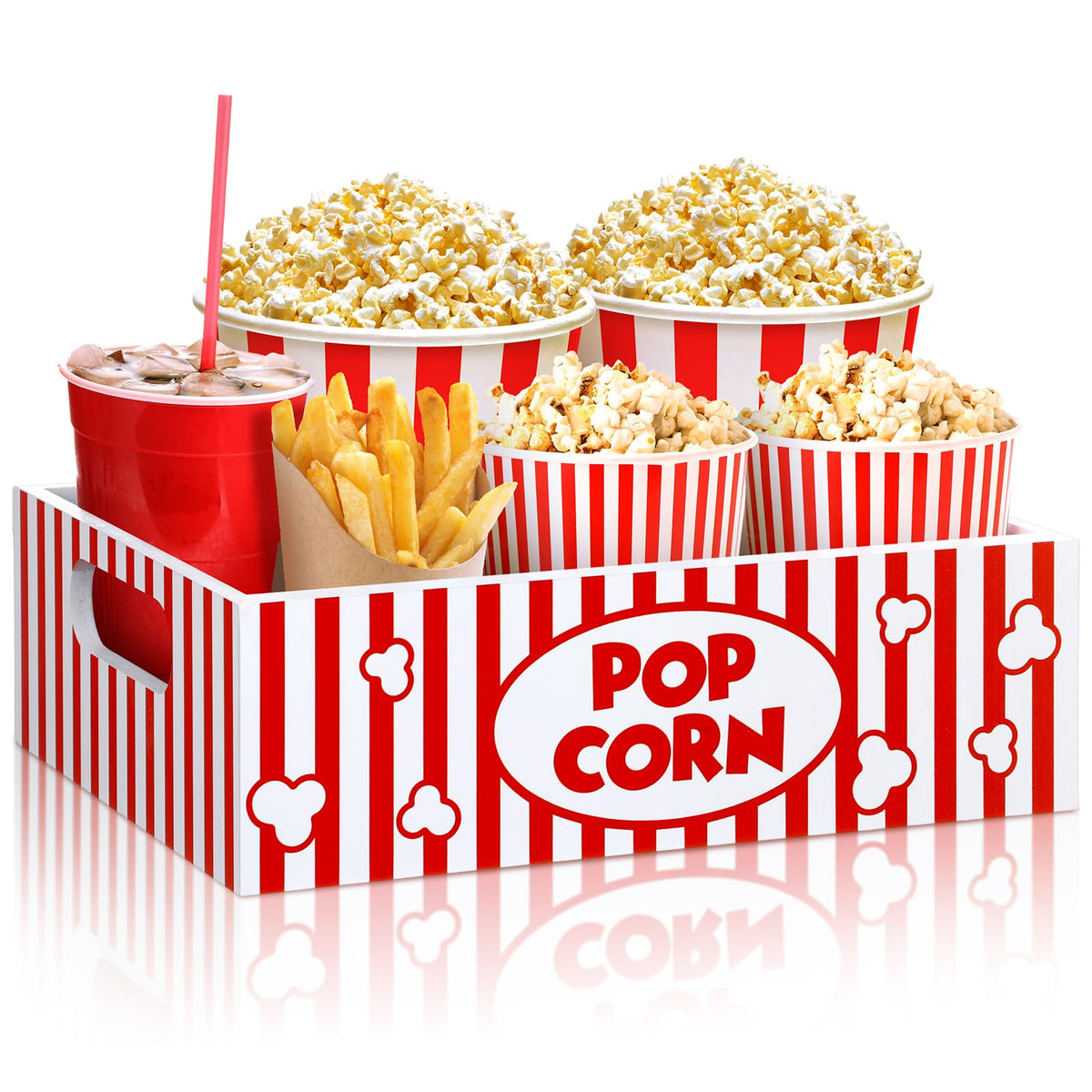 GlikCeil Movie Night Supplies Snack Trays with Handles Reusable Wooden Movie Gift Basket for Theater Popcorn Bucket Bowl Box Container Family Room Decor(Striped)