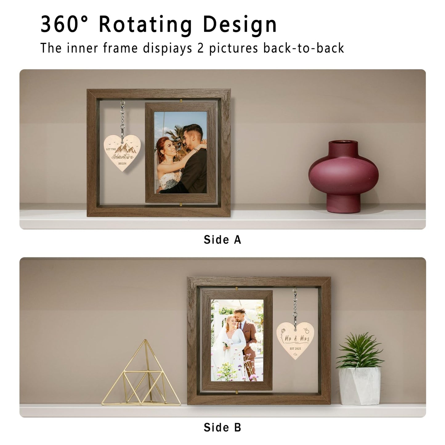 EYITUPC Rotating Floating Mr & Mrs EST 2025 - Let the Adventure Begin Picture Frame, Wedding Bridal Shower Gifts for Bride Newlywed Couples, Display Two 4x6