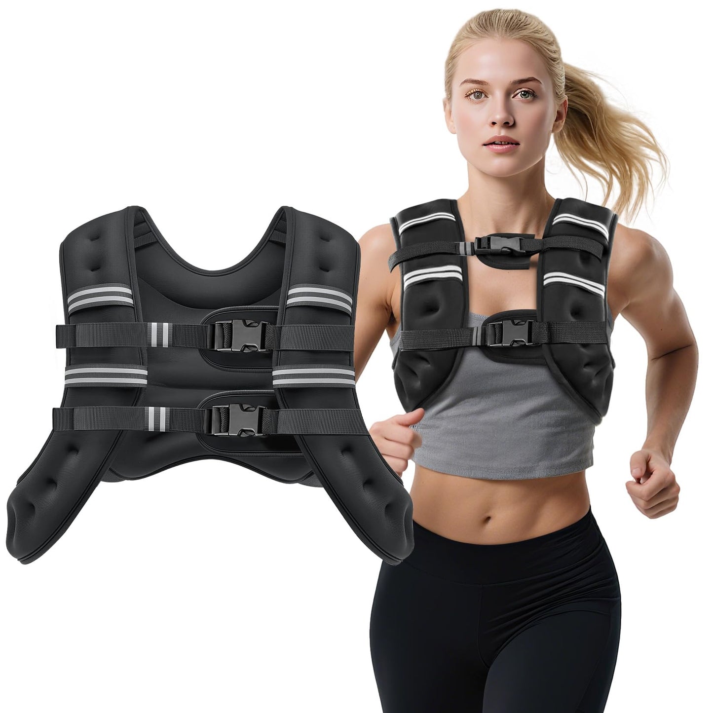 Weighted Vest, 8lb/12lb/16lb/20lb Weight Vest with Reflective Stripes for Men Women, Two Adjustment Straps for Workout, Strength Training, Running, Fitness, Muscle Building, Weight Loss (8lb)