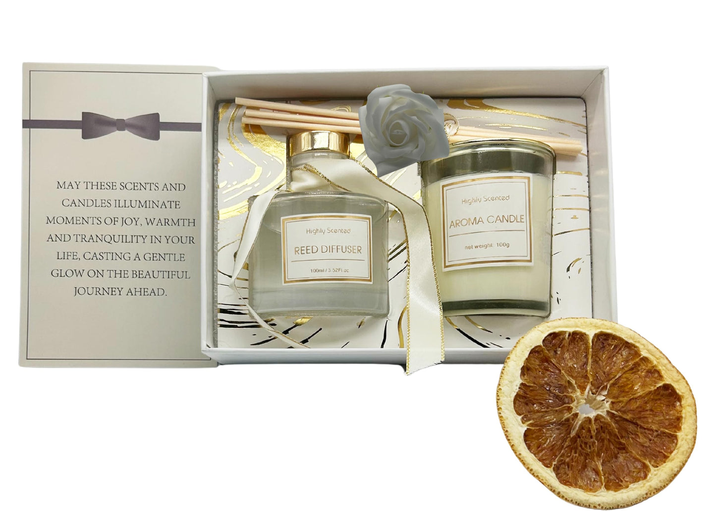 Luxury Aroma Gift Set Candle Reed Diffuser Includes Artificial Rose, Dried Orange Slice, Greeting Card Gift Wedding, Engagement, Anniversary, Birthday