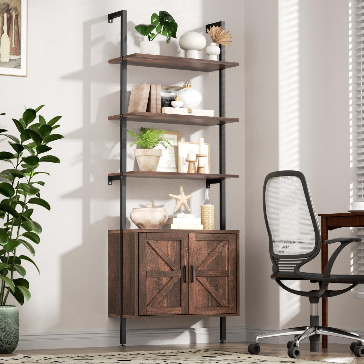 Ladder Bookshelf with Cabinet, 6 Tier Wall Mount Ladder Bookcase with Farmhouse Cabinet, Tall Open Ladder Shelf with Metal Frame for Living Room, Bathroom, Home Office, Rustic Brown
