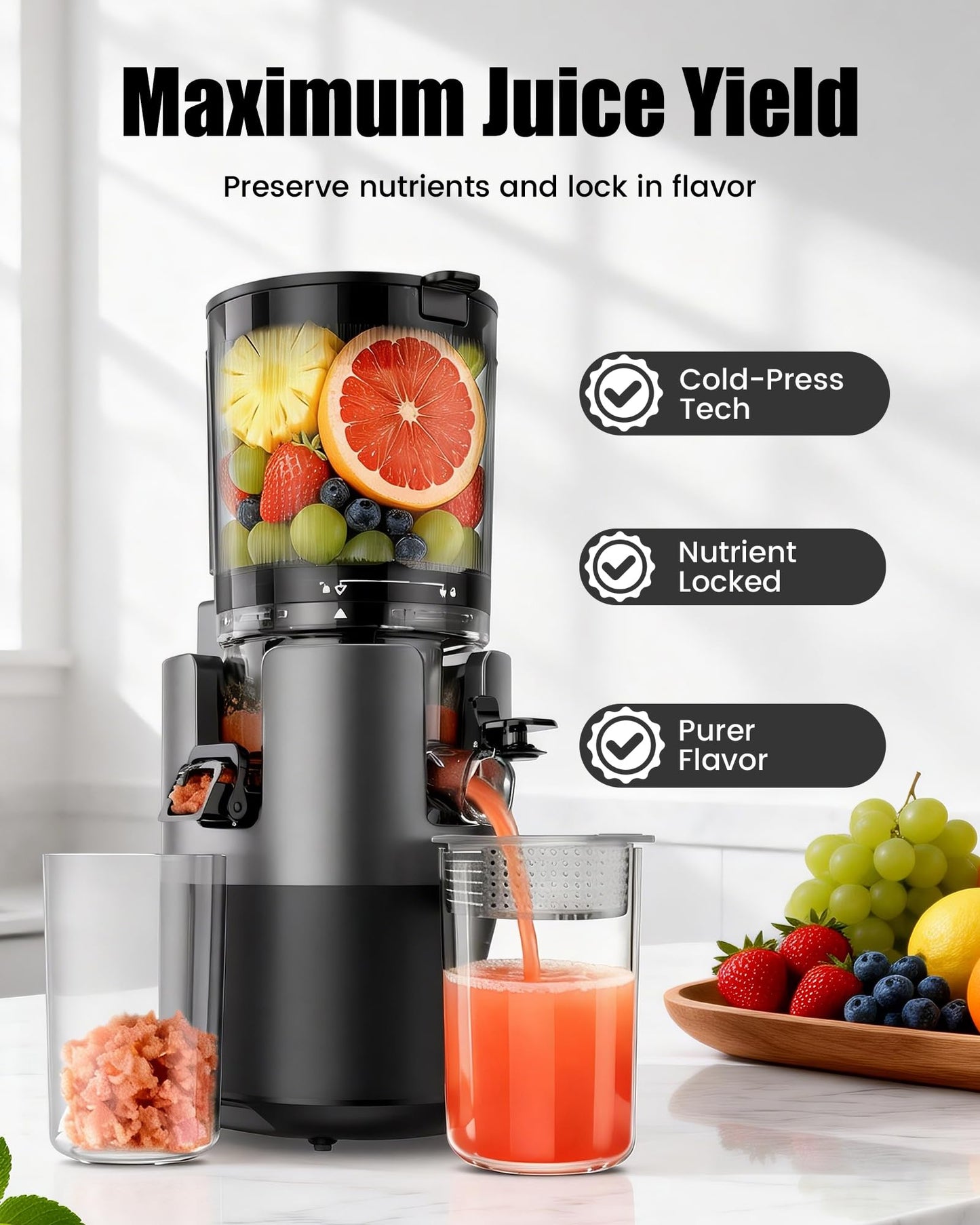 Staweiger Juicer Machines, Cold Press Juicer with 6" Wide Chute, High Juice Yield Slow Masticating Juicer, Quiet Low db, Powerful Brushless Motor, Juicer Press For All Fruits & Vegetables BPA-Free