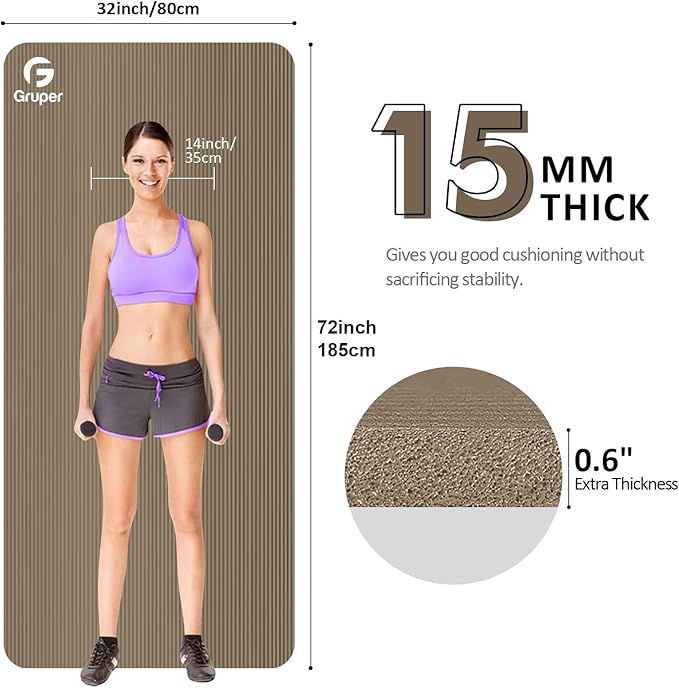 Yoga Mat Non Slip NBR Extra Thick Yoga Mat, 72"L x 32"/24"W x 0.6"/0.4"TH (185cm x 80cm/61cm x 15mm/10mm), Anti-Tear Exercise Mat with Carrying Strap and Bag, Workout Mats for Yoga, Pilates