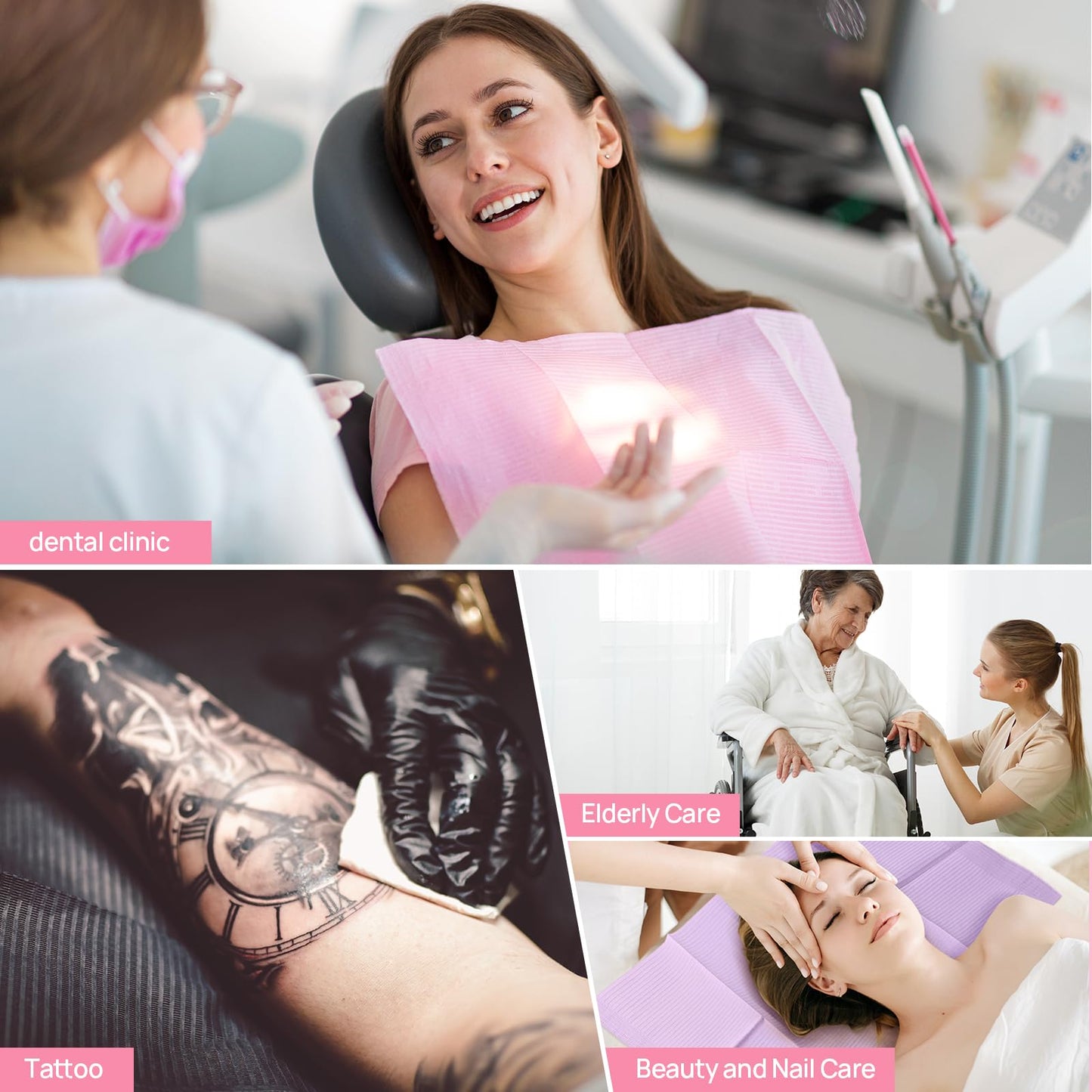 JMU 125 Pack Dental Bibs, Pink Dental Bibs Disposable 3-Ply, 13" x 18" Patient Bibs Medical Tray Covers